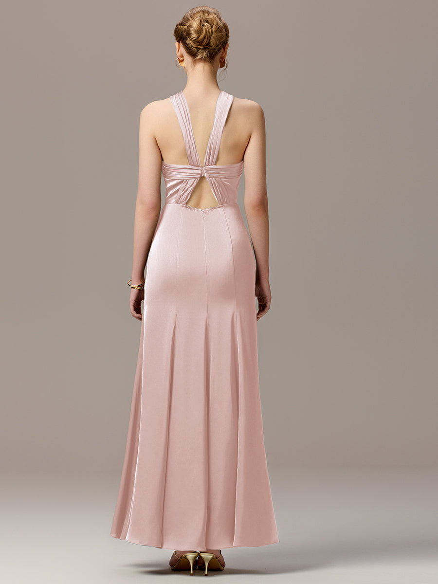 Color=Pink | Satin Cross Halter Sleeveless Maxi Bridesmaid Dress Custom-Pink 14