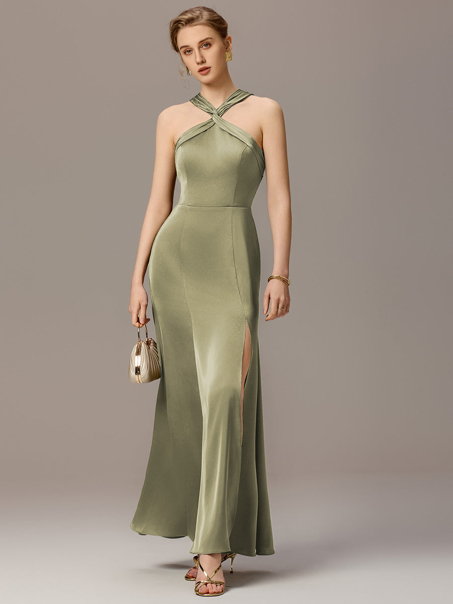 Color=Sage Green | Satin Cross Halter Sleeveless Maxi Bridesmaid Dress Custom-Sage Green 8