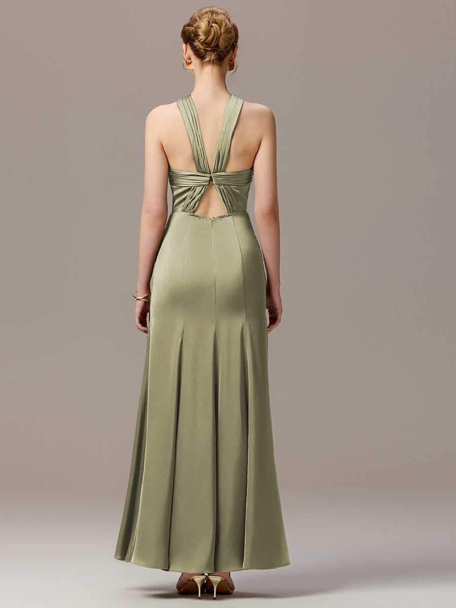 Color=Sage Green | Satin Cross Halter Sleeveless Maxi Bridesmaid Dress Custom-Sage Green 9
