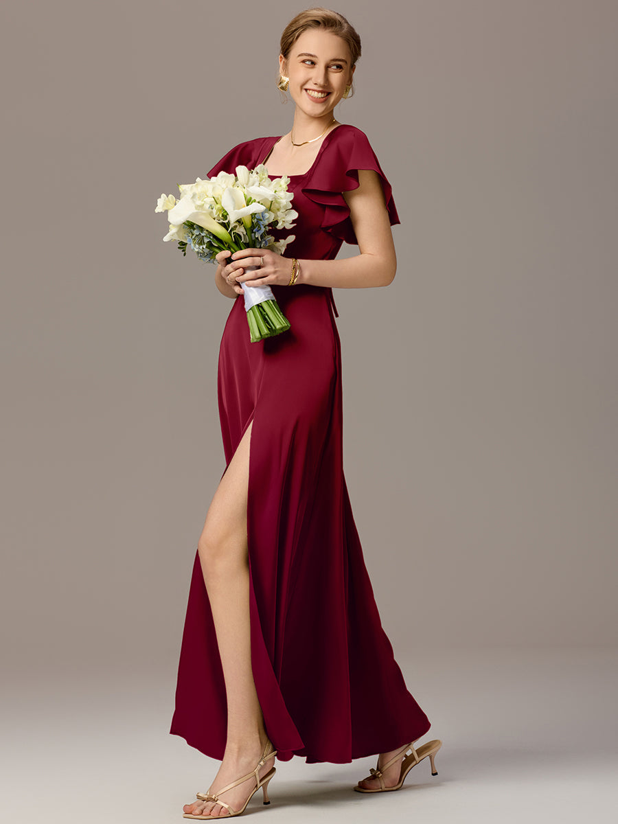 Color=Burgundy | Customized Satin Square Neck Short Sleeve Ruffled Maxi Bridesmaid Dress with Pockets-Burgundy 22