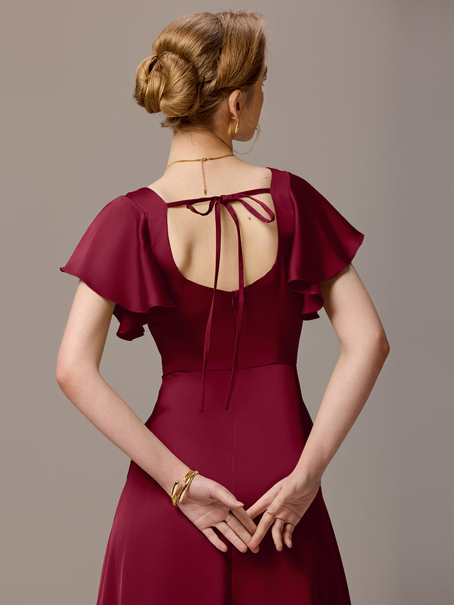 Color=Burgundy | Customized Satin Square Neck Short Sleeve Ruffled Maxi Bridesmaid Dress with Pockets-Burgundy 23