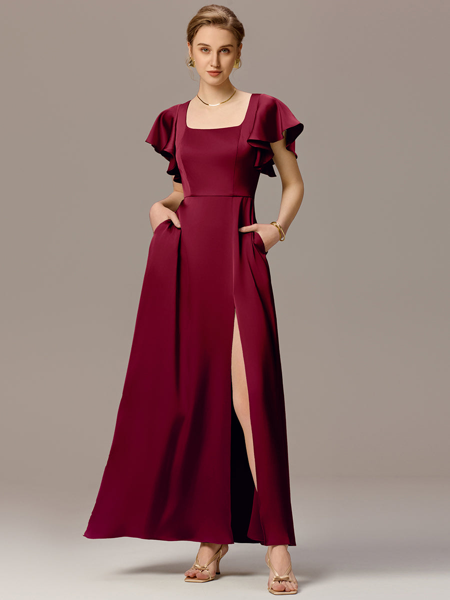Color=Burgundy | Customized Satin Square Neck Short Sleeve Ruffled Maxi Bridesmaid Dress with Pockets-Burgundy 25