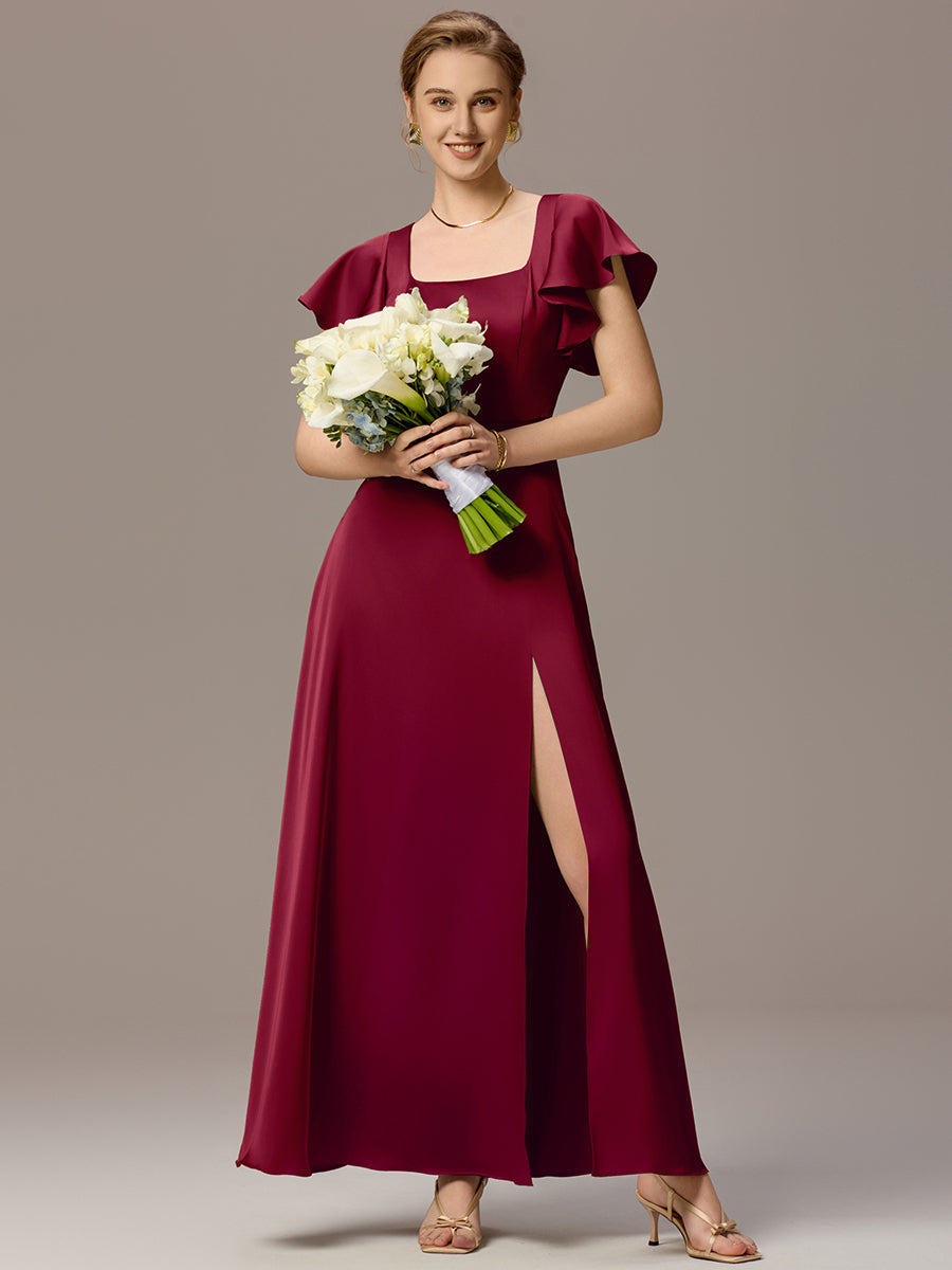 Color=Burgundy | Customized Satin Square Neck Short Sleeve Ruffled Maxi Bridesmaid Dress with Pockets-Burgundy 26