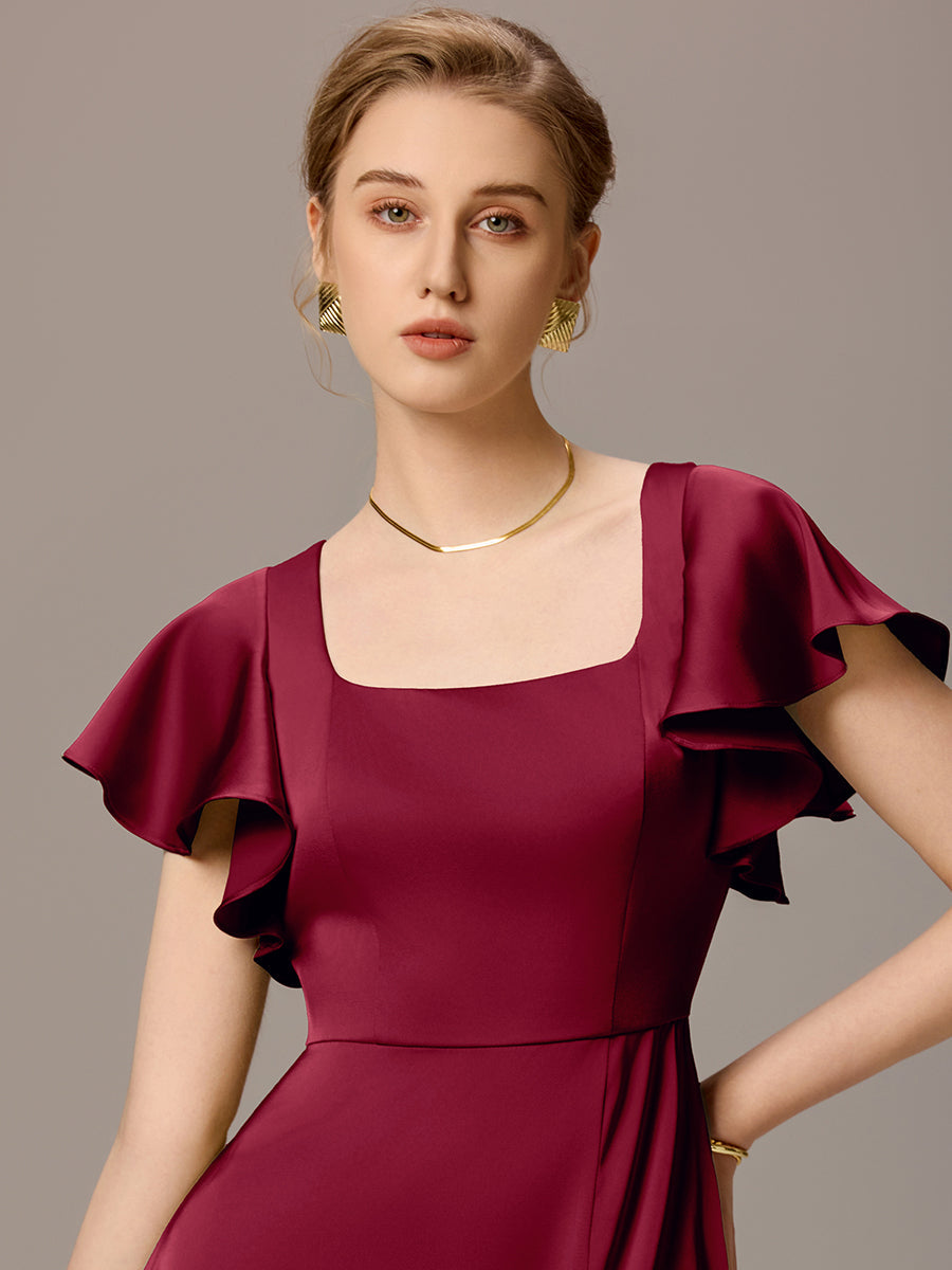 Color=Burgundy | Customized Satin Square Neck Short Sleeve Ruffled Maxi Bridesmaid Dress with Pockets-Burgundy 24