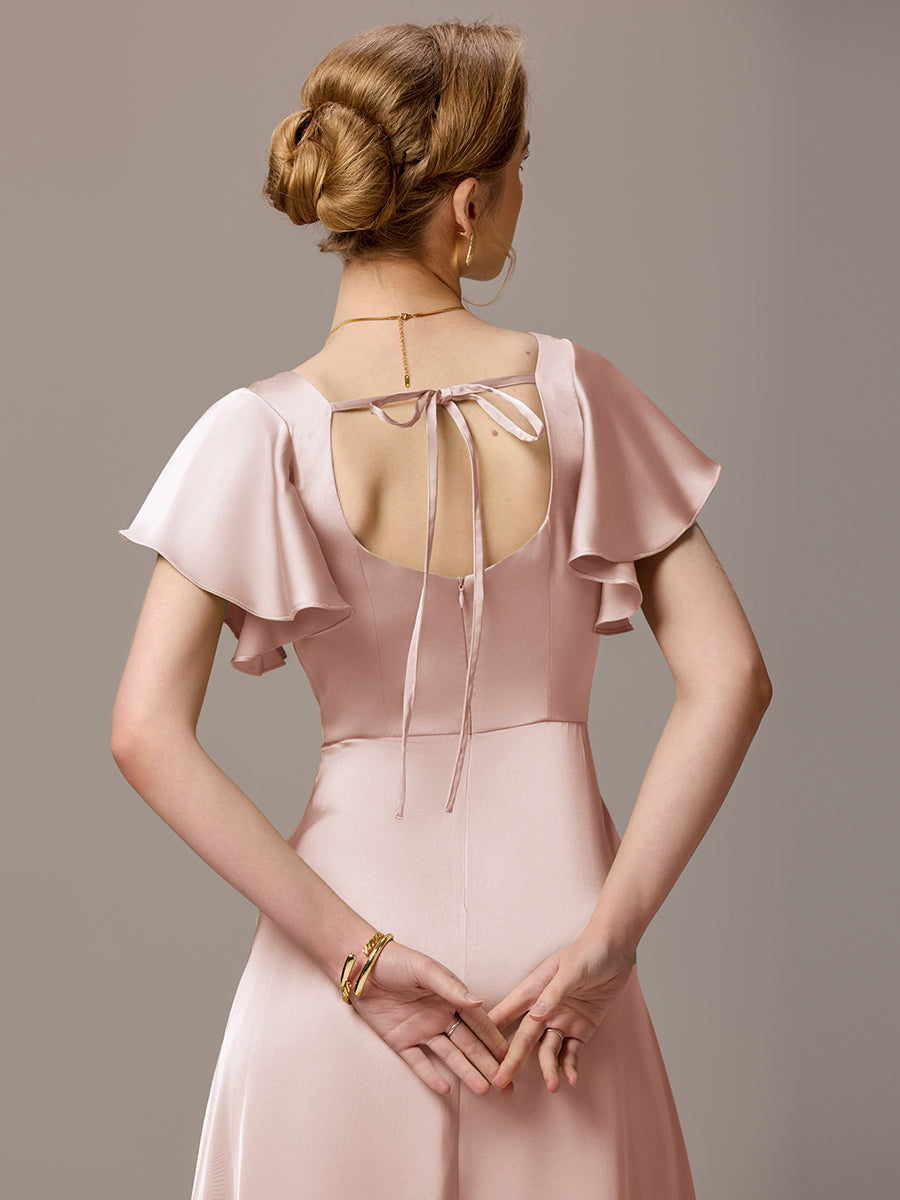 Color=Pink | Customized Satin Square Neck Short Sleeve Ruffled Maxi Bridesmaid Dress with Pockets-Pink 13