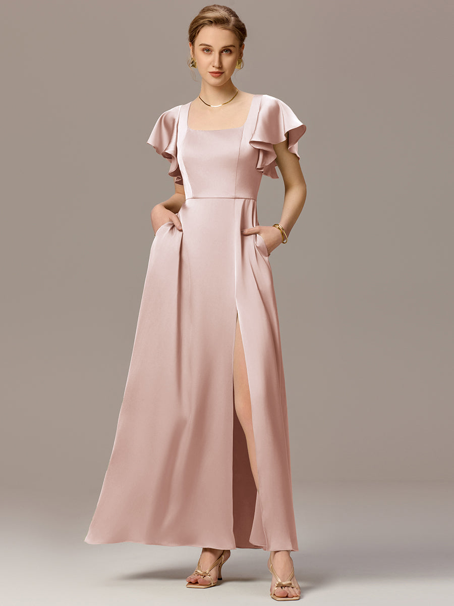 Color=Pink | Customized Satin Square Neck Short Sleeve Ruffled Maxi Bridesmaid Dress with Pockets-Pink 15