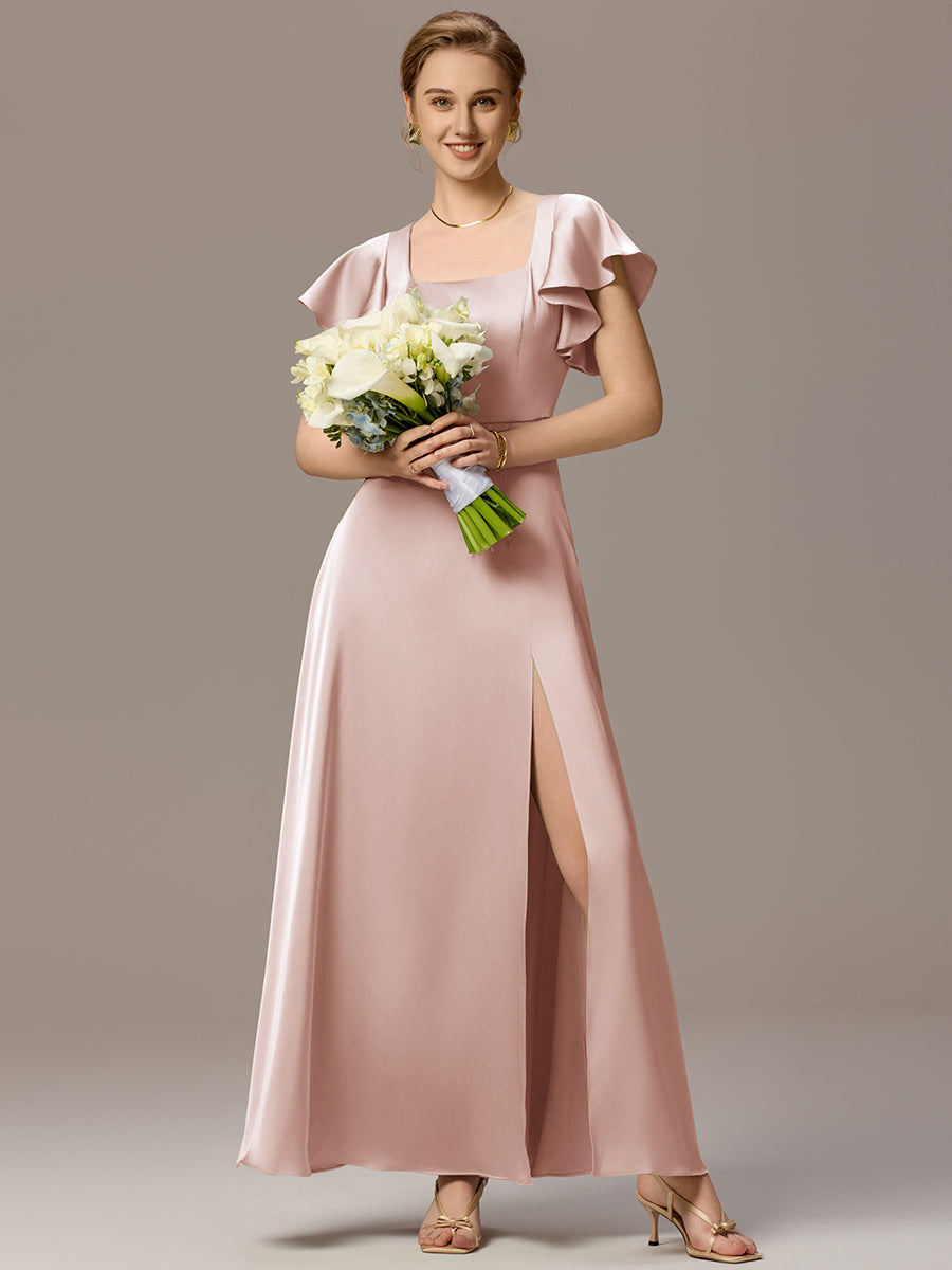 Color=Pink | Customized Satin Square Neck Short Sleeve Ruffled Maxi Bridesmaid Dress with Pockets-Pink 16