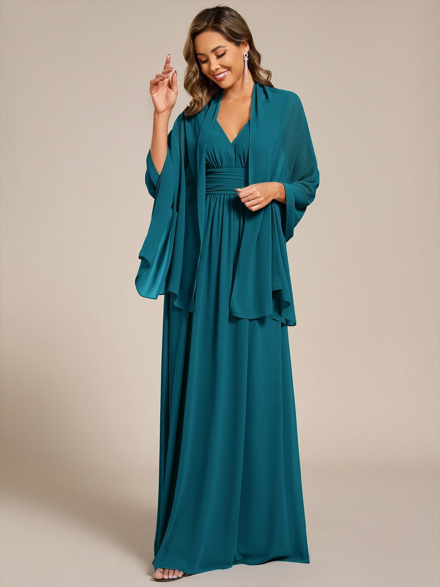 Color=Teal Blue | Elegant Chiffon Shawl for Special Occasions-Teal Blue