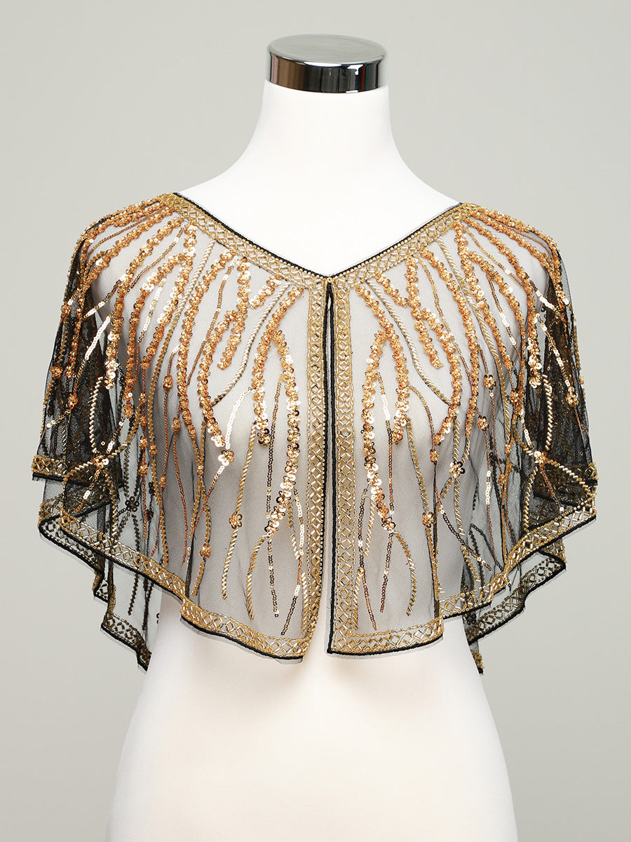 Vintage Gold Sequin Beaded Mesh Shawl, Art Deco Flapper Style