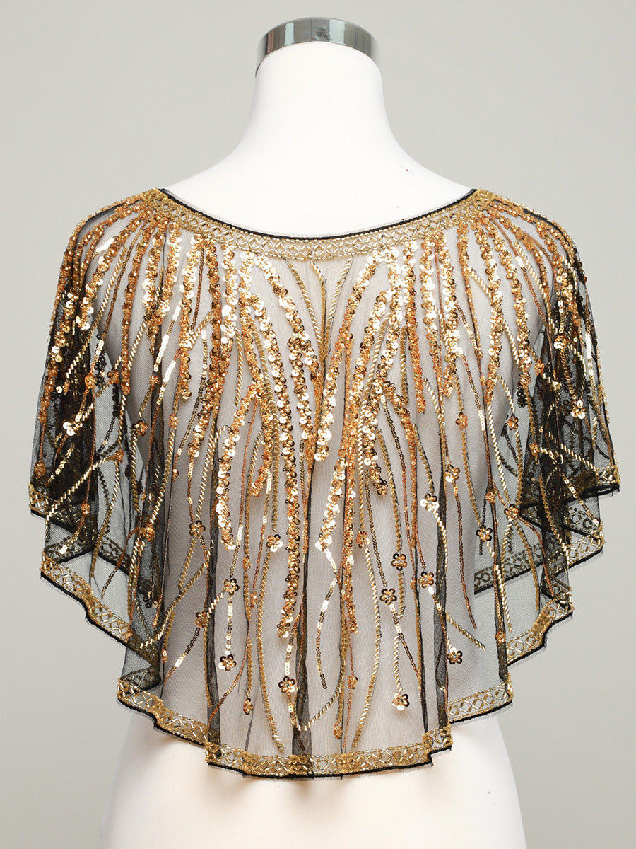 Vintage Gold Sequin Beaded Mesh Shawl, Art Deco Flapper Style