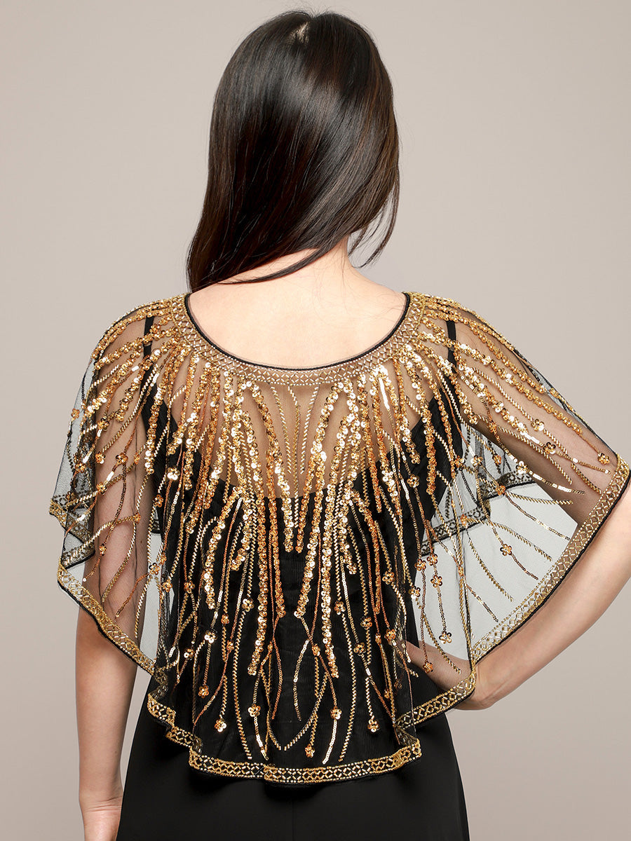 Vintage Gold Sequin Beaded Mesh Shawl, Art Deco Flapper Style