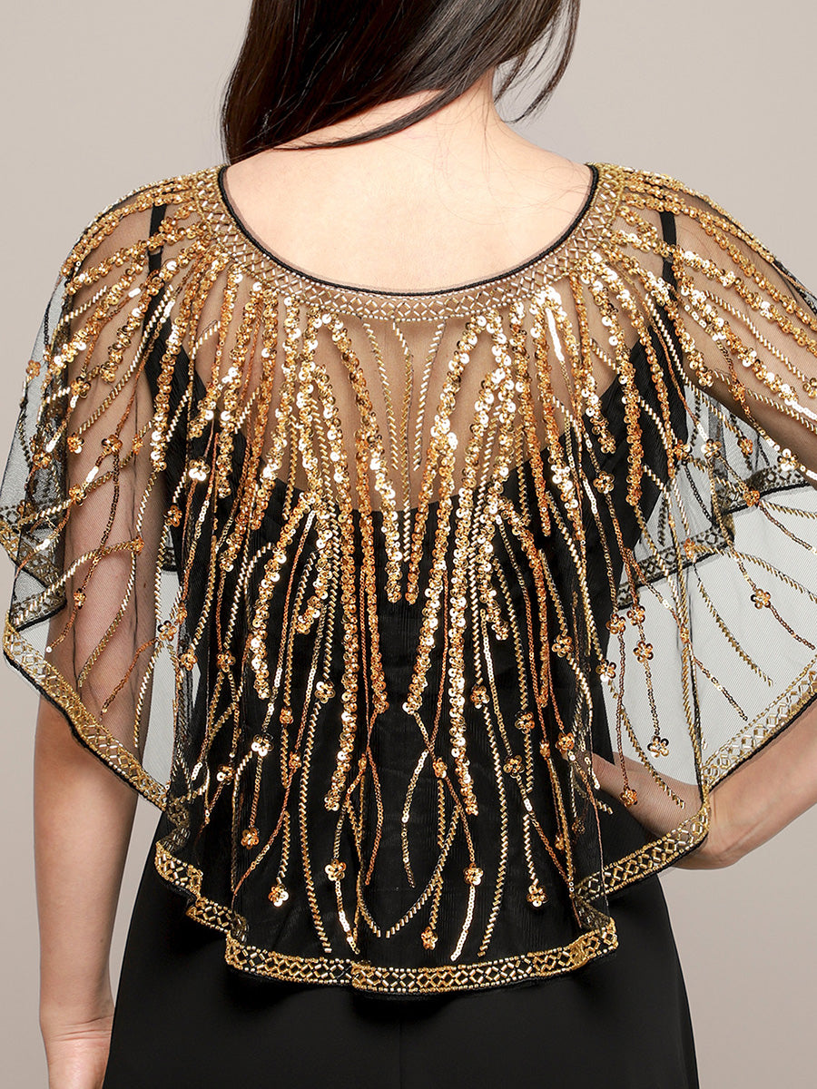 Vintage Gold Sequin Beaded Mesh Shawl, Art Deco Flapper Style