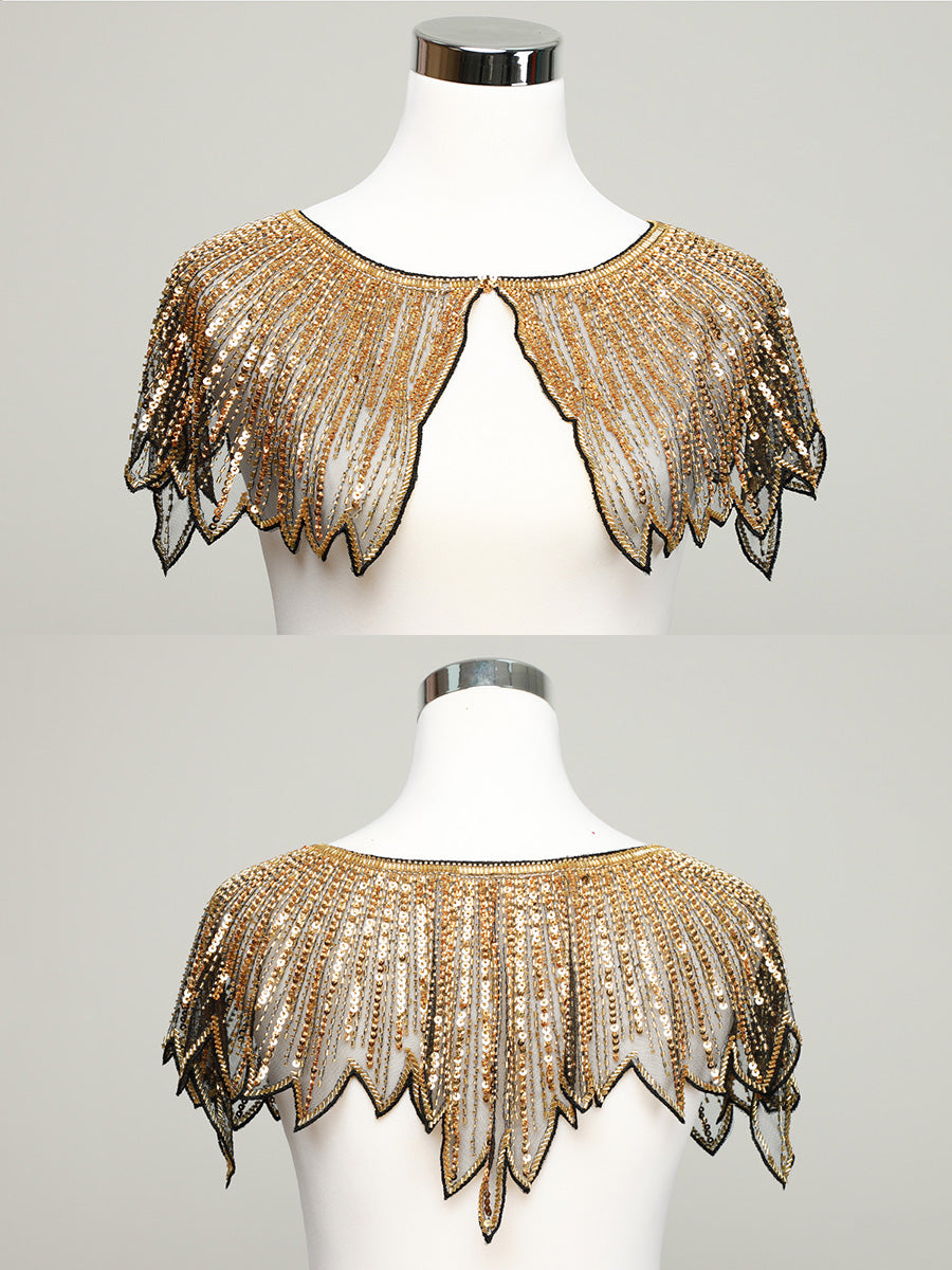 Vintage Black Gold Sequin Beaded Shawl, Art Deco Flapper Style
