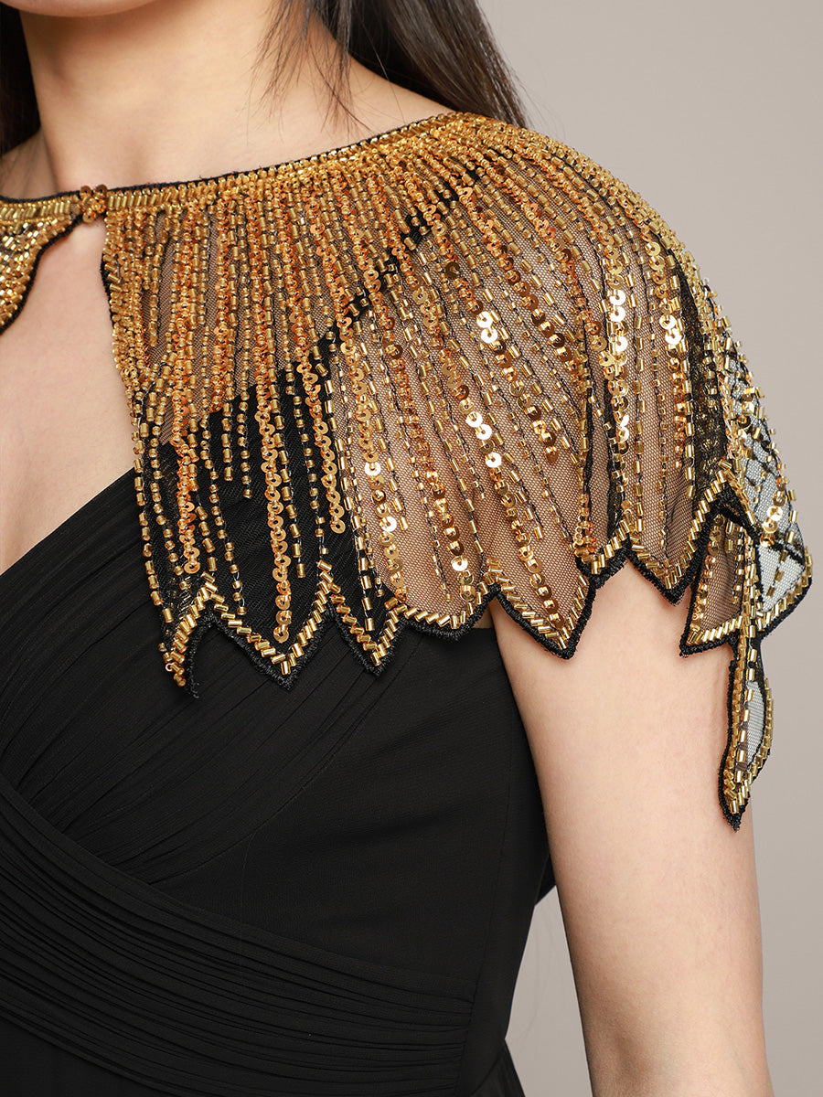 Vintage Black Gold Sequin Beaded Shawl, Art Deco Flapper Style