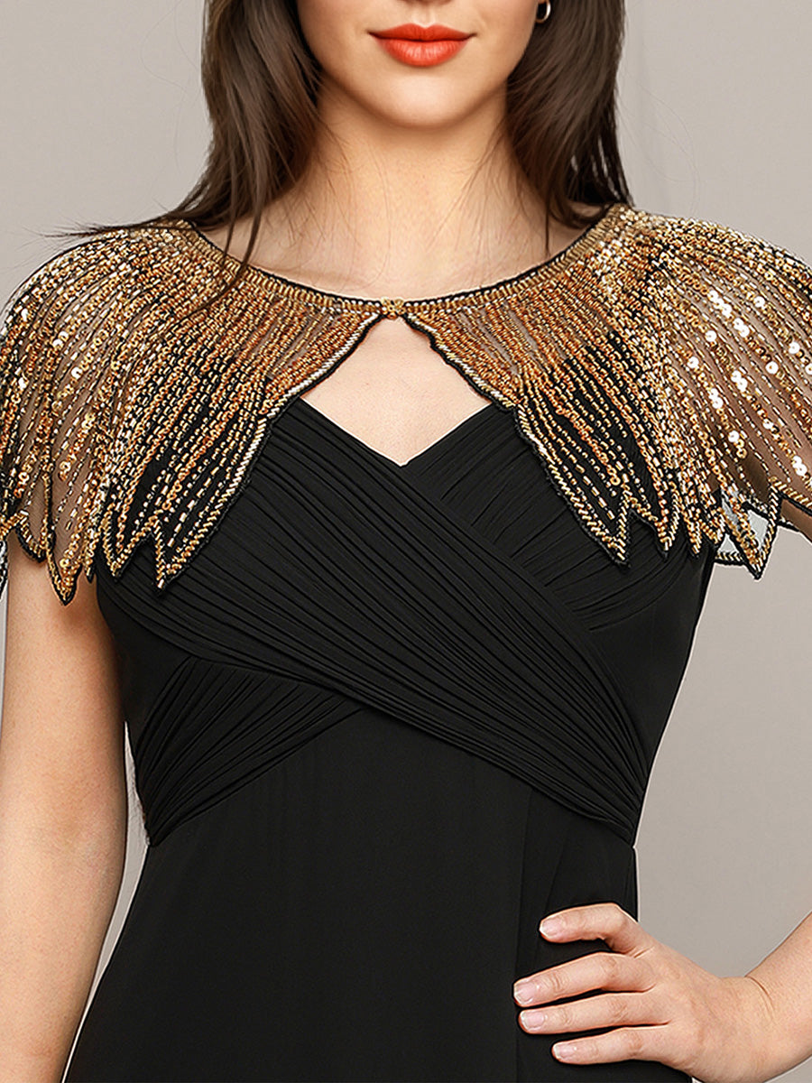 Vintage Black Gold Sequin Beaded Shawl, Art Deco Flapper Style