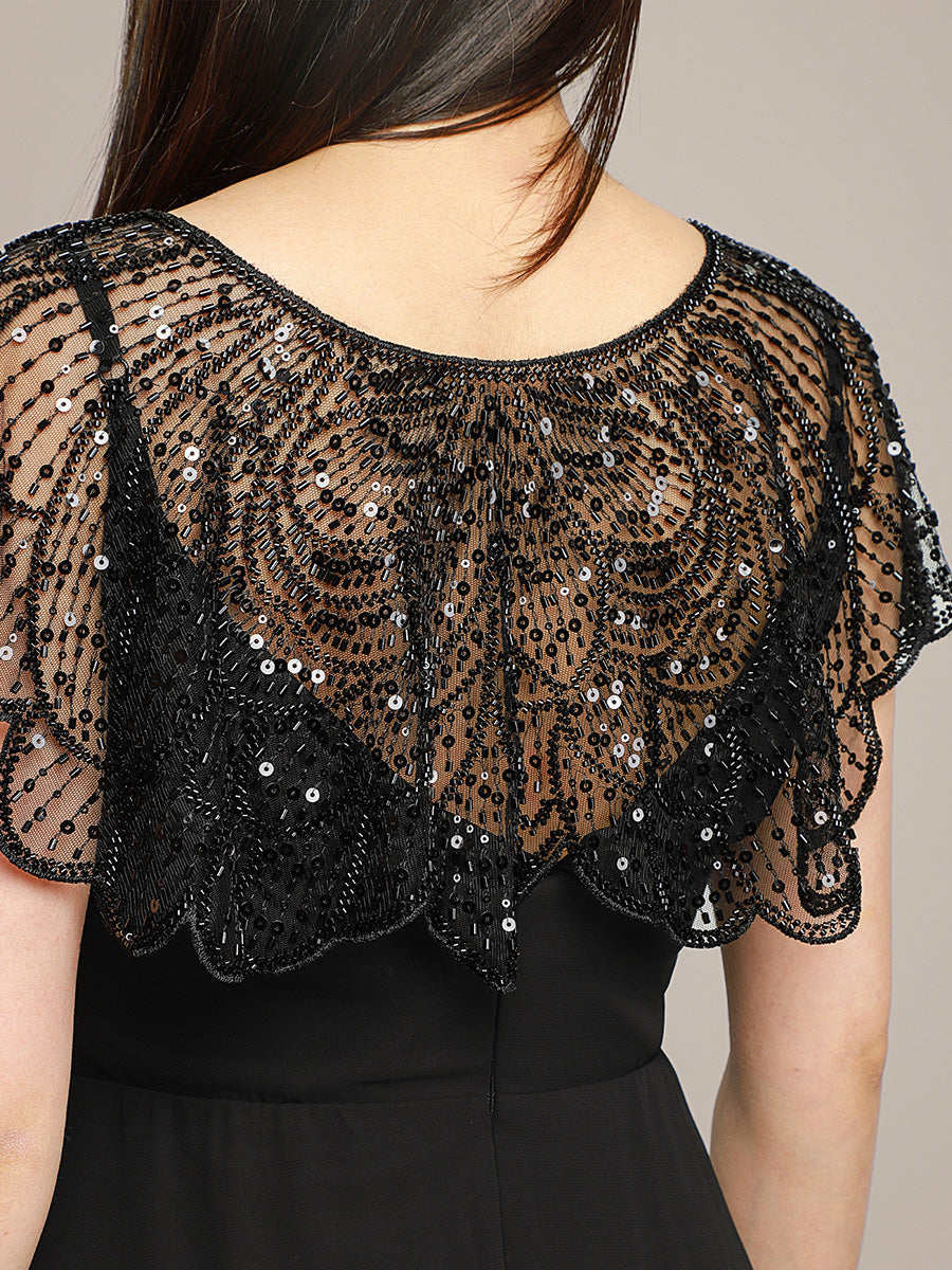 Flapper Style Vintage Black Lace Shawl with Sequin Beading