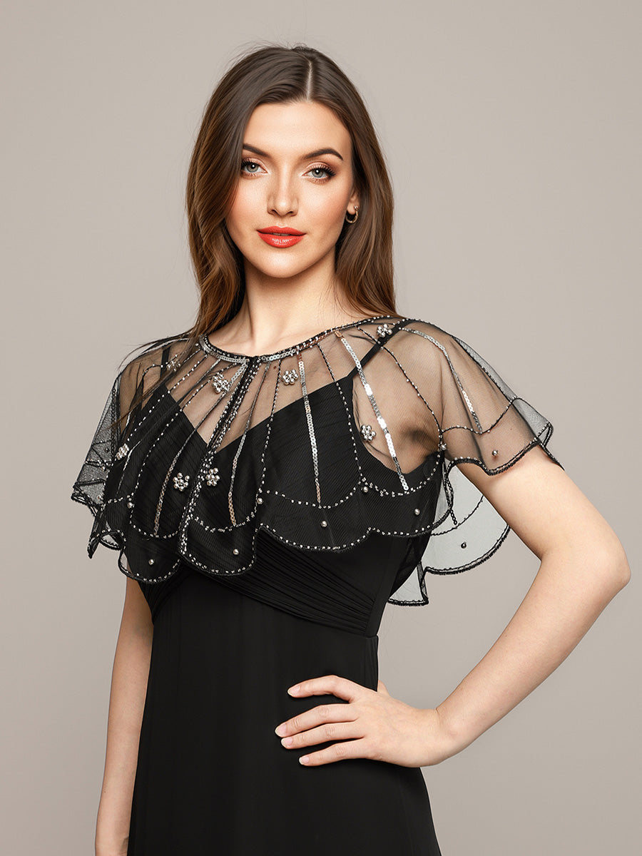 Flapper Style Vintage Black Mesh Shawl with Silver Sequins & Beads
