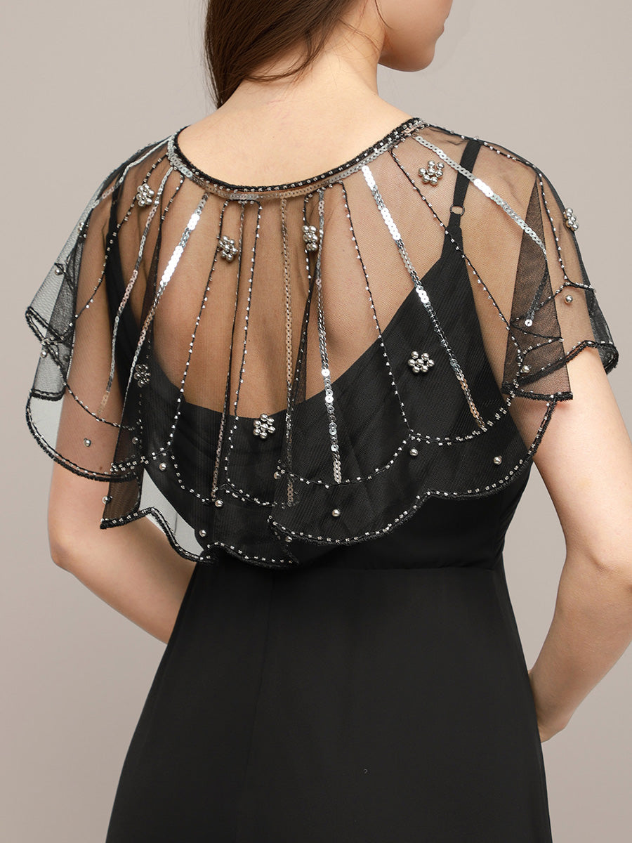 Flapper Style Vintage Black Mesh Shawl with Silver Sequins & Beads