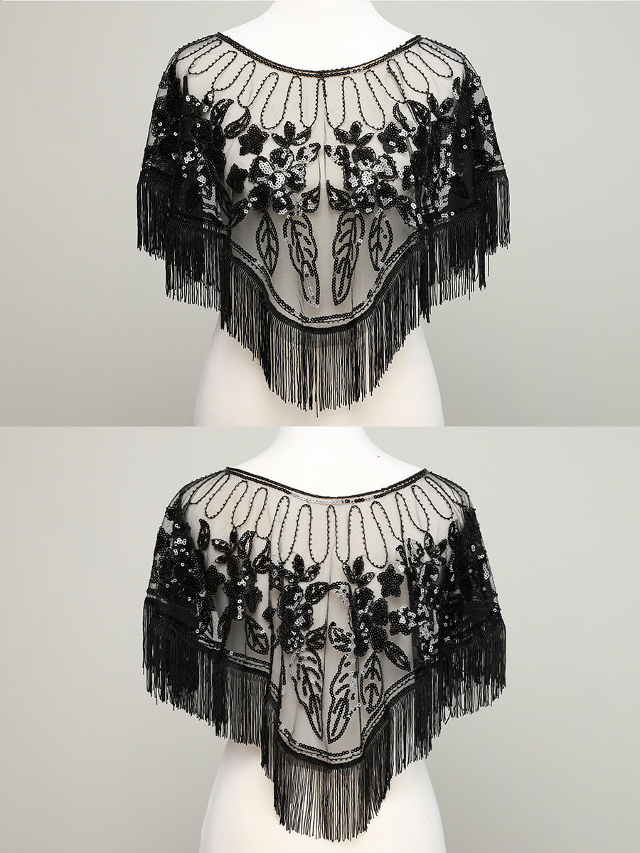 Vintage Black Sequin Embroidered Fringe Shawl