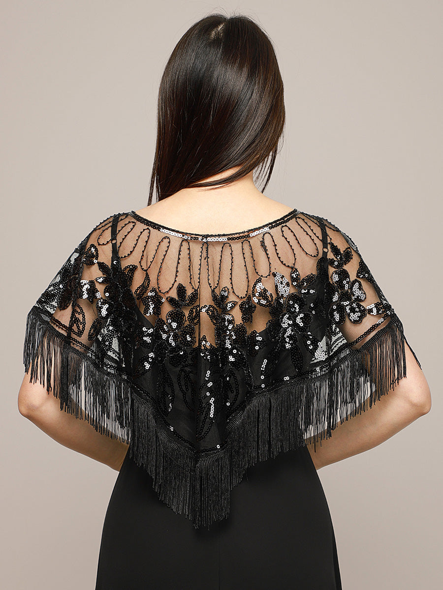 Vintage Black Sequin Embroidered Fringe Shawl