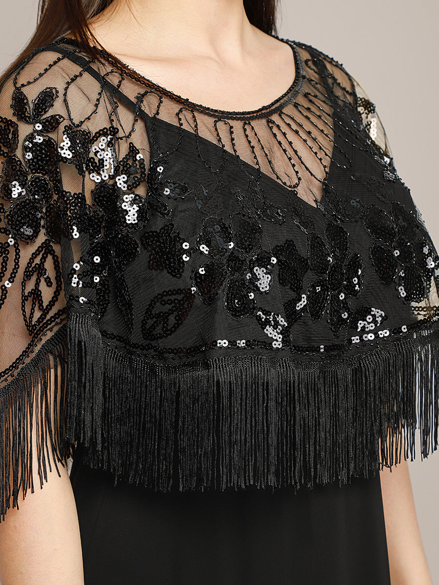 Vintage Black Sequin Embroidered Fringe Shawl