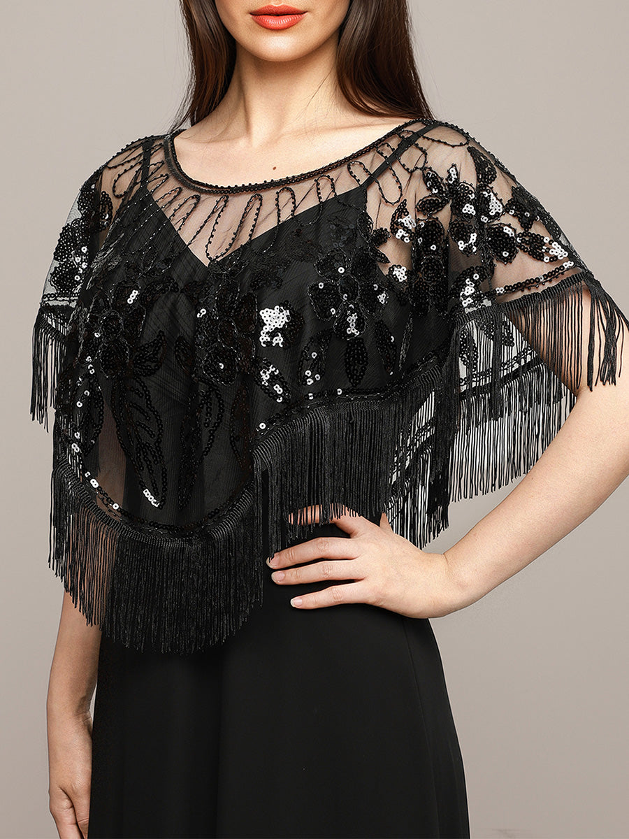 Vintage Black Sequin Embroidered Fringe Shawl