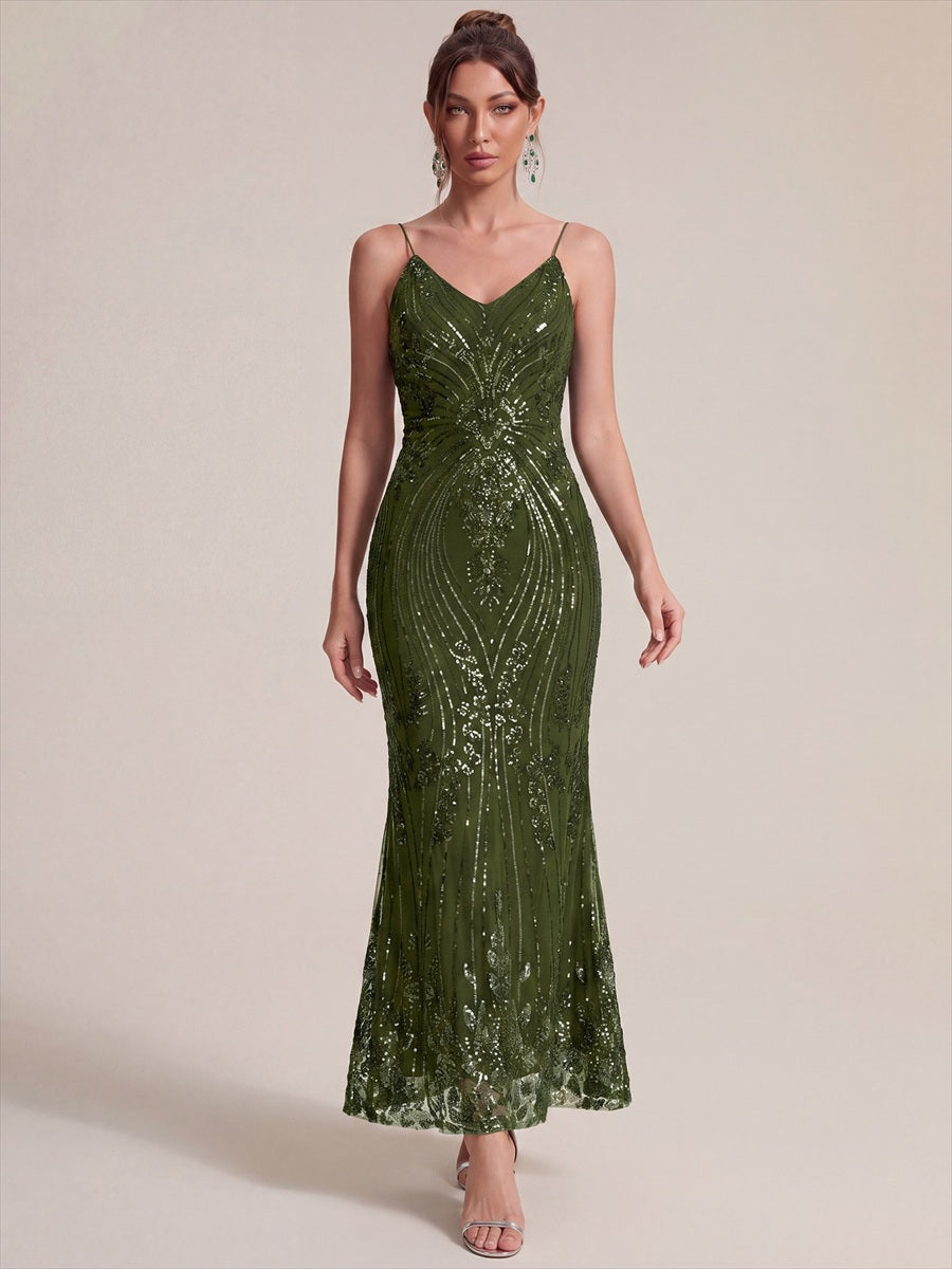 EC02798OG | Sequin Sleeveless Sheath Midi Cocktail Dress