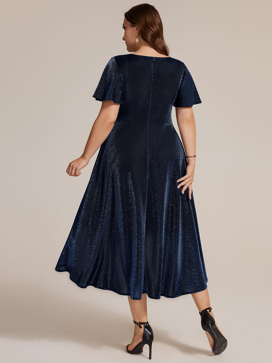 Color=Navy Blue | Bulk Order Short Sleeve Ruffle A-Line High Stretch Cross-over Cocktail Dresses-Navy Blue 7