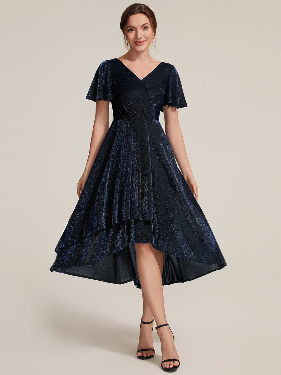 Color=Navy Blue | Bulk Order Short Sleeve Ruffle A-Line High Stretch Cross-over Cocktail Dresses-Navy Blue 1