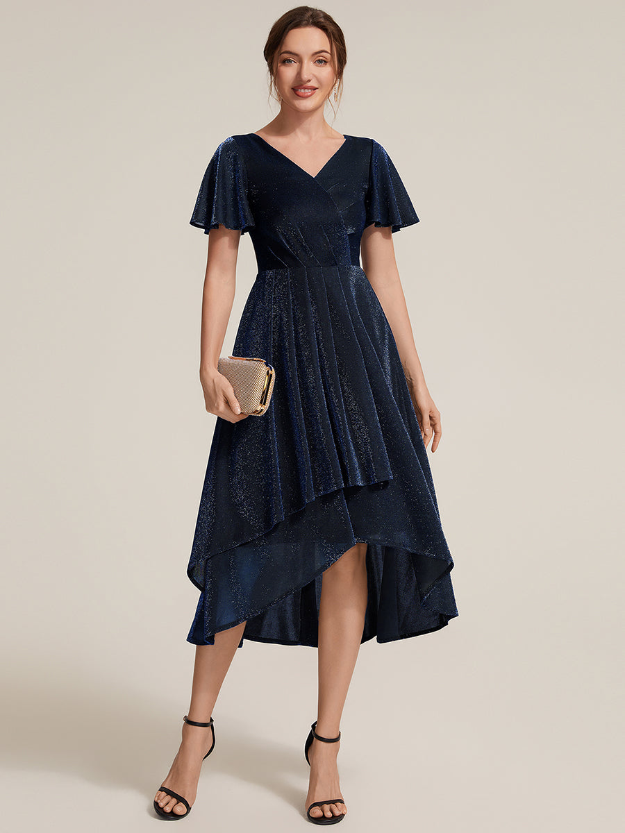 Color=Navy Blue | Bulk Order Short Sleeve Ruffle A-Line High Stretch Cross-over Cocktail Dresses-Navy Blue 5