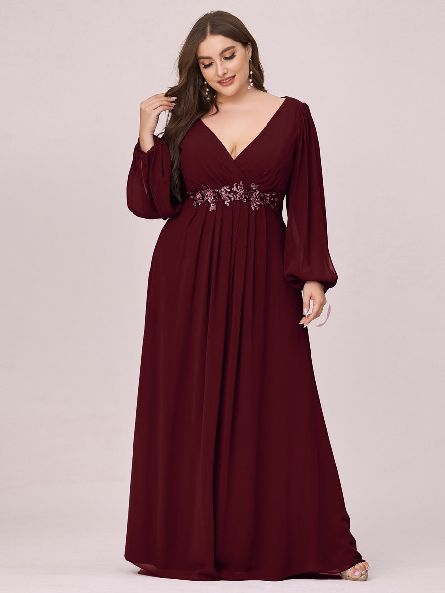 Color=Burgundy | One Stop Shop Long Sleeve Lantern Sleeve Deep V-Neck A-Line Floor Length Evening Dresses-Burgundy 6