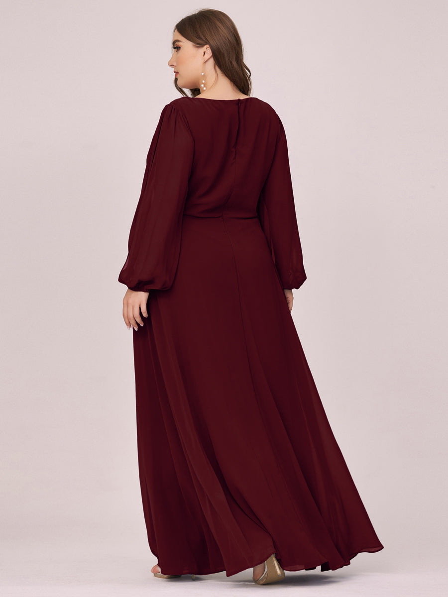 Color=Burgundy | One Stop Shop Long Sleeve Lantern Sleeve Deep V-Neck A-Line Floor Length Evening Dresses-Burgundy 7