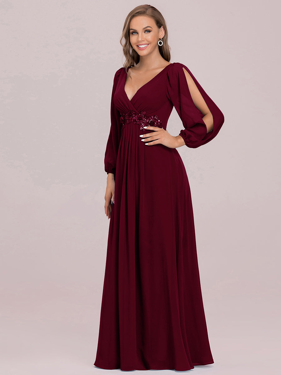 Color=Burgundy | One Stop Shop Long Sleeve Lantern Sleeve Deep V-Neck A-Line Floor Length Evening Dresses-Burgundy 1