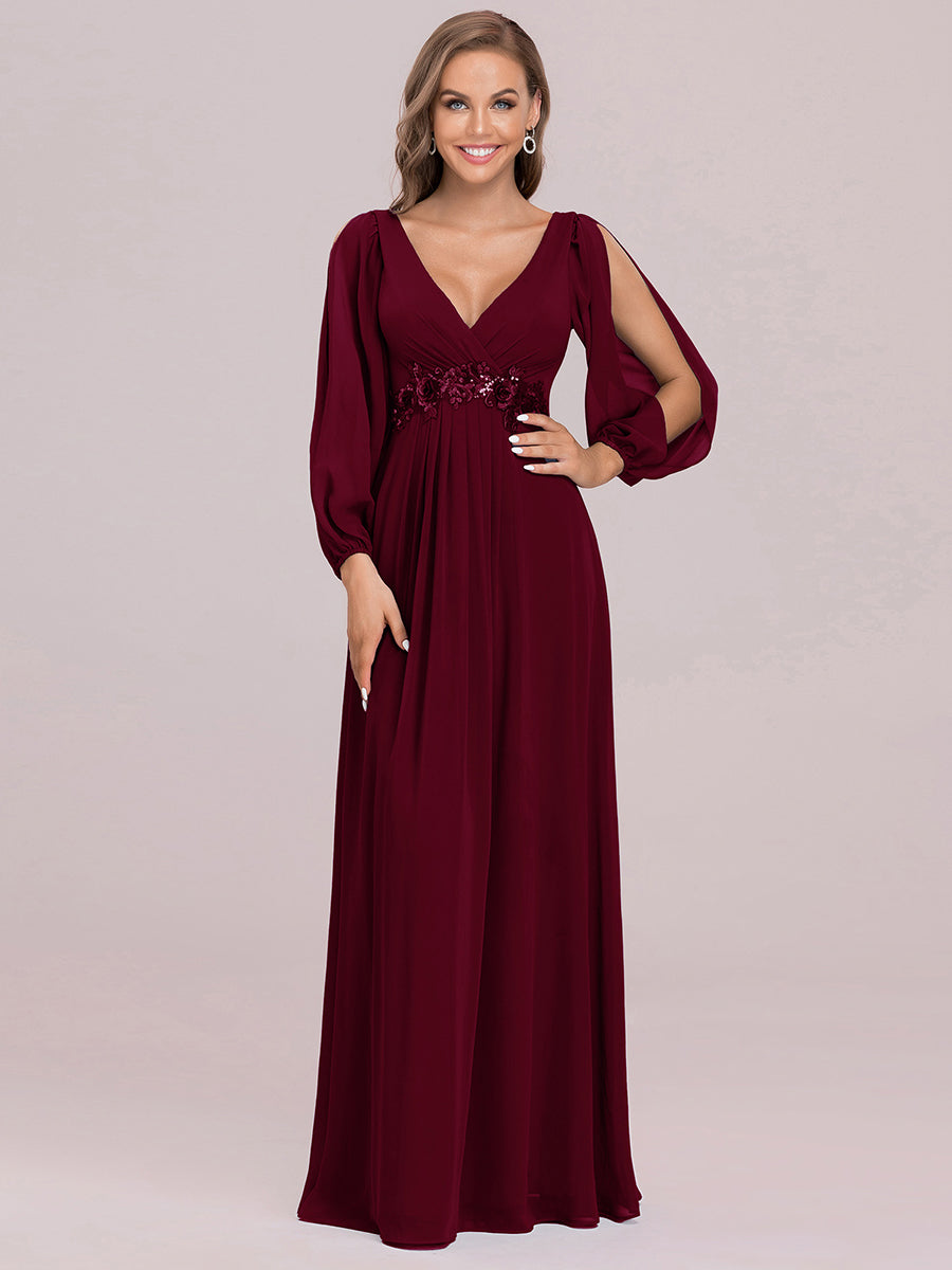 Color=Burgundy | One Stop Shop Long Sleeve Lantern Sleeve Deep V-Neck A-Line Floor Length Evening Dresses-Burgundy 4