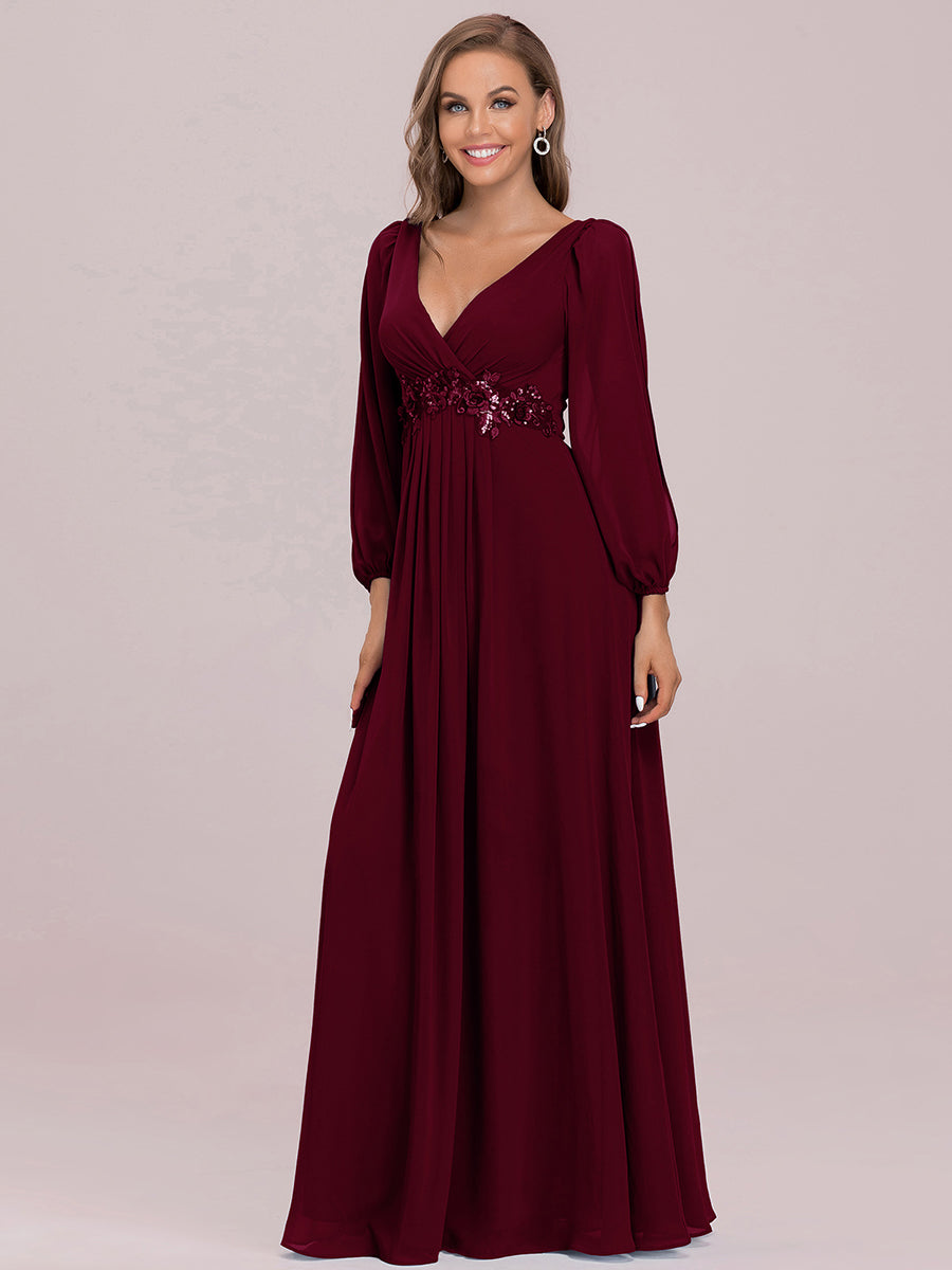 Color=Burgundy | One Stop Shop Long Sleeve Lantern Sleeve Deep V-Neck A-Line Floor Length Evening Dresses-Burgundy 5