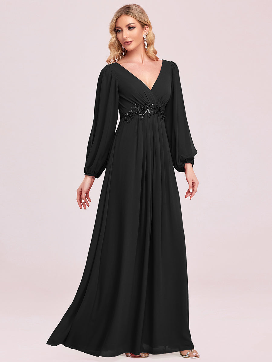 Color=Black | One Stop Shop Long Sleeve Lantern Sleeve Deep V-Neck A-Line Floor Length Evening Dresses-Black 11