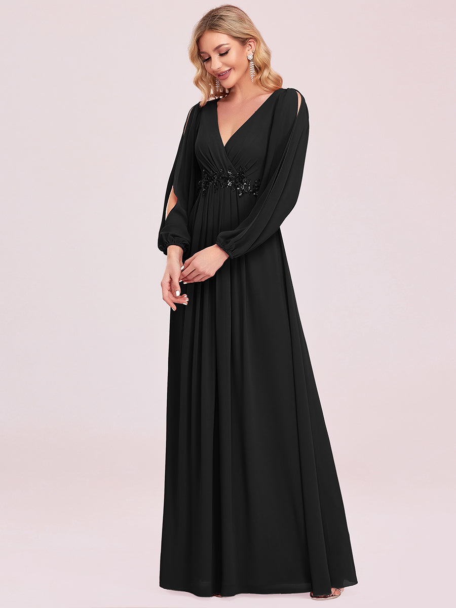 Color=Black | One Stop Shop Long Sleeve Lantern Sleeve Deep V-Neck A-Line Floor Length Evening Dresses-Black 15