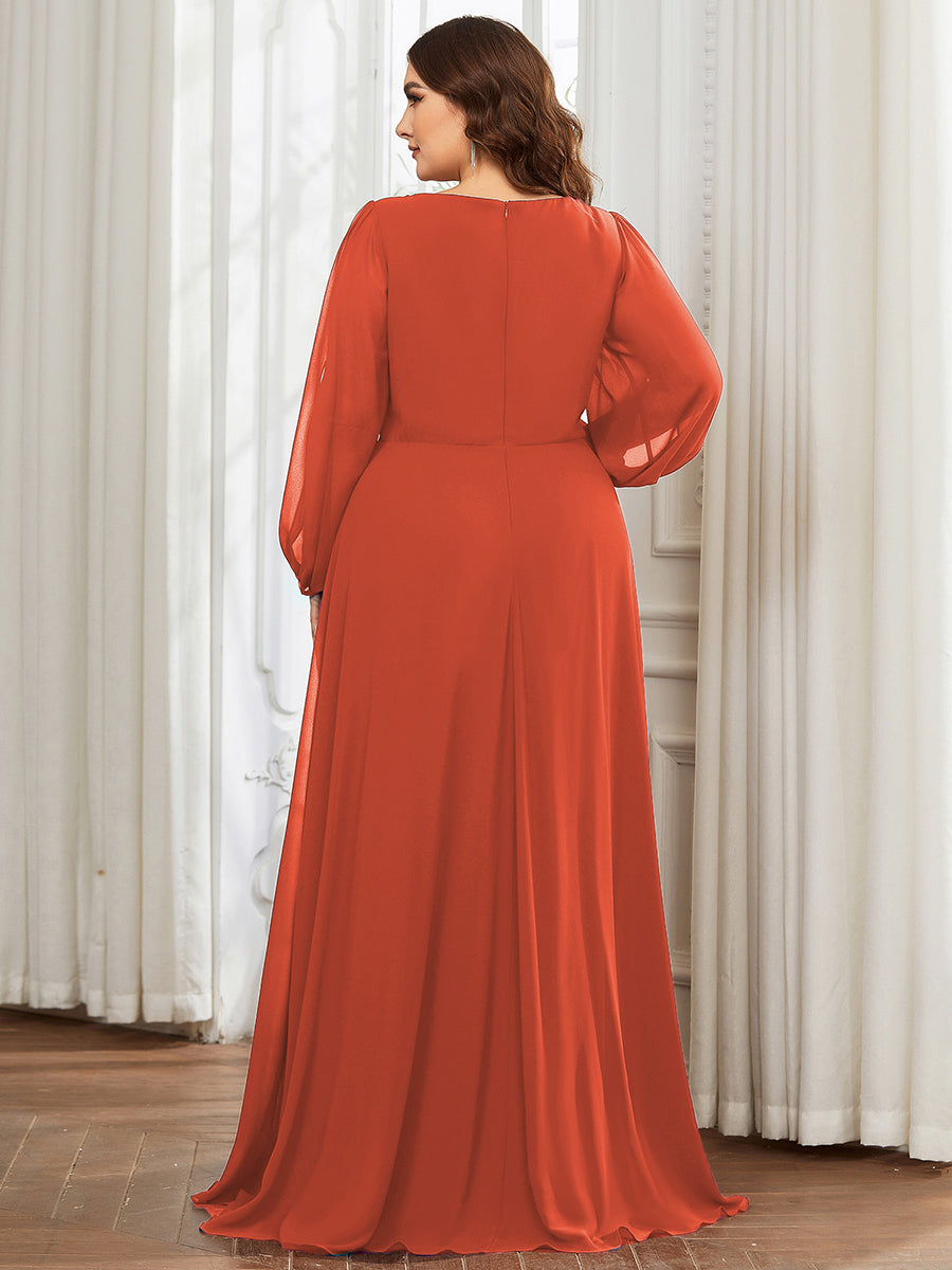 Color=Burnt Orange | One Stop Shop Long Sleeve Lantern Sleeve Deep V-Neck A-Line Floor Length Evening Dresses-Burnt Orange 27