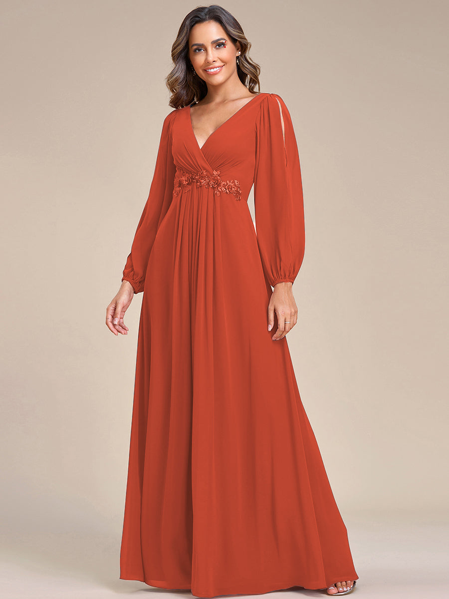 Color=Burnt Orange | One Stop Shop Long Sleeve Lantern Sleeve Deep V-Neck A-Line Floor Length Evening Dresses-Burnt Orange 21
