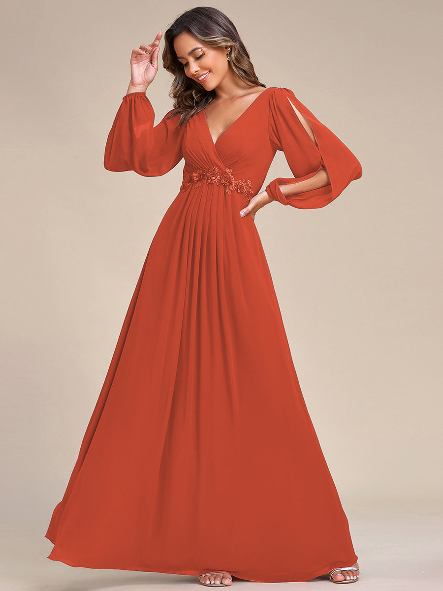 Color=Burnt Orange | One Stop Shop Long Sleeve Lantern Sleeve Deep V-Neck A-Line Floor Length Evening Dresses-Burnt Orange 24
