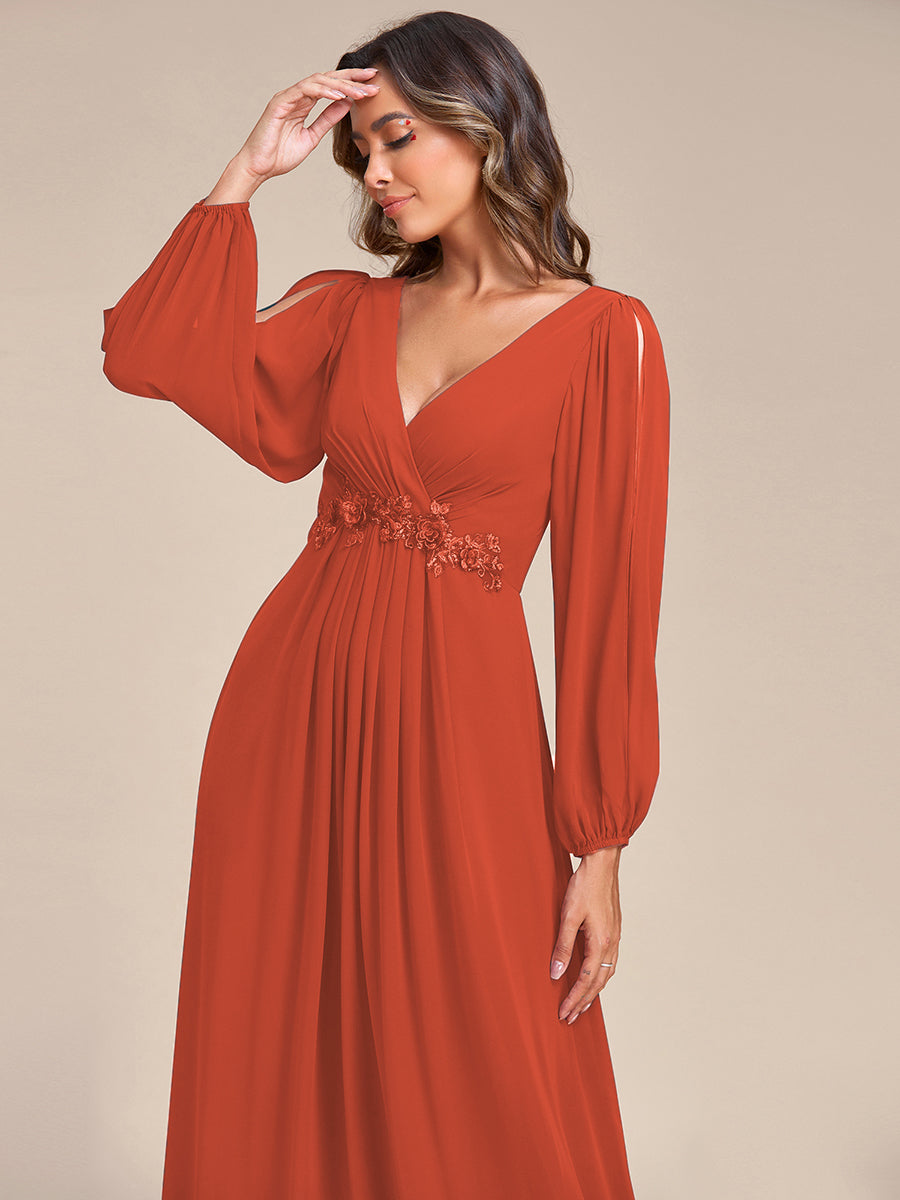 Color=Burnt Orange | One Stop Shop Long Sleeve Lantern Sleeve Deep V-Neck A-Line Floor Length Evening Dresses-Burnt Orange 23