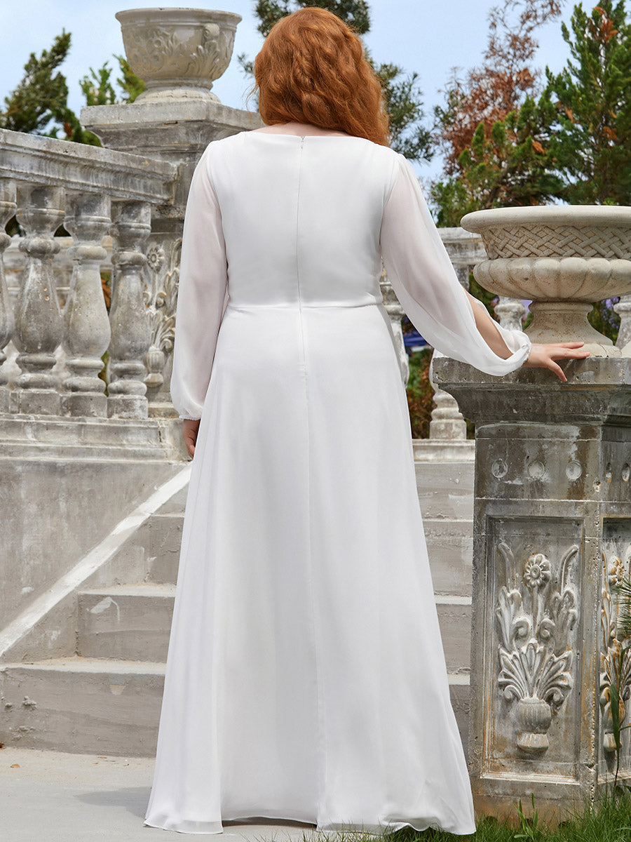 Color=Cream | One Stop Shop Long Sleeve Lantern Sleeve Deep V-Neck A-Line Floor Length Evening Dresses-Cream 37