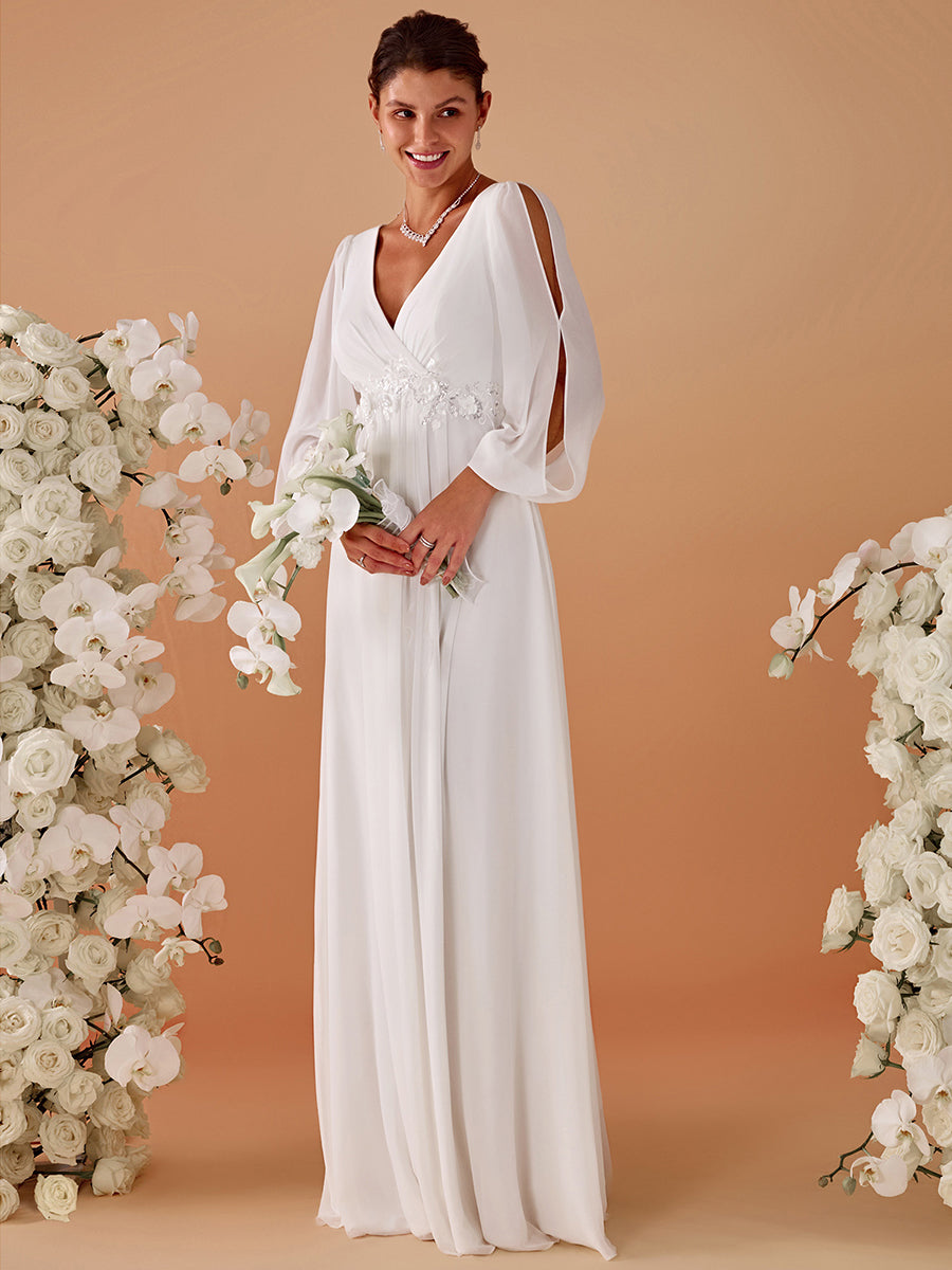 Color=Cream | One Stop Shop Long Sleeve Lantern Sleeve Deep V-Neck A-Line Floor Length Evening Dresses-Cream 31