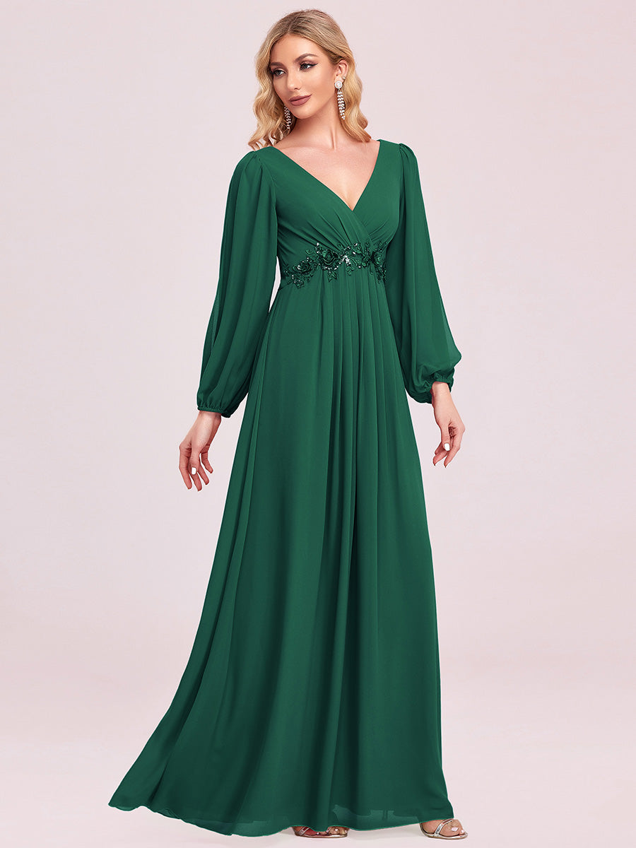 Color=Dark Green | One Stop Shop Long Sleeve Lantern Sleeve Deep V-Neck A-Line Floor Length Evening Dresses-Dark Green 40