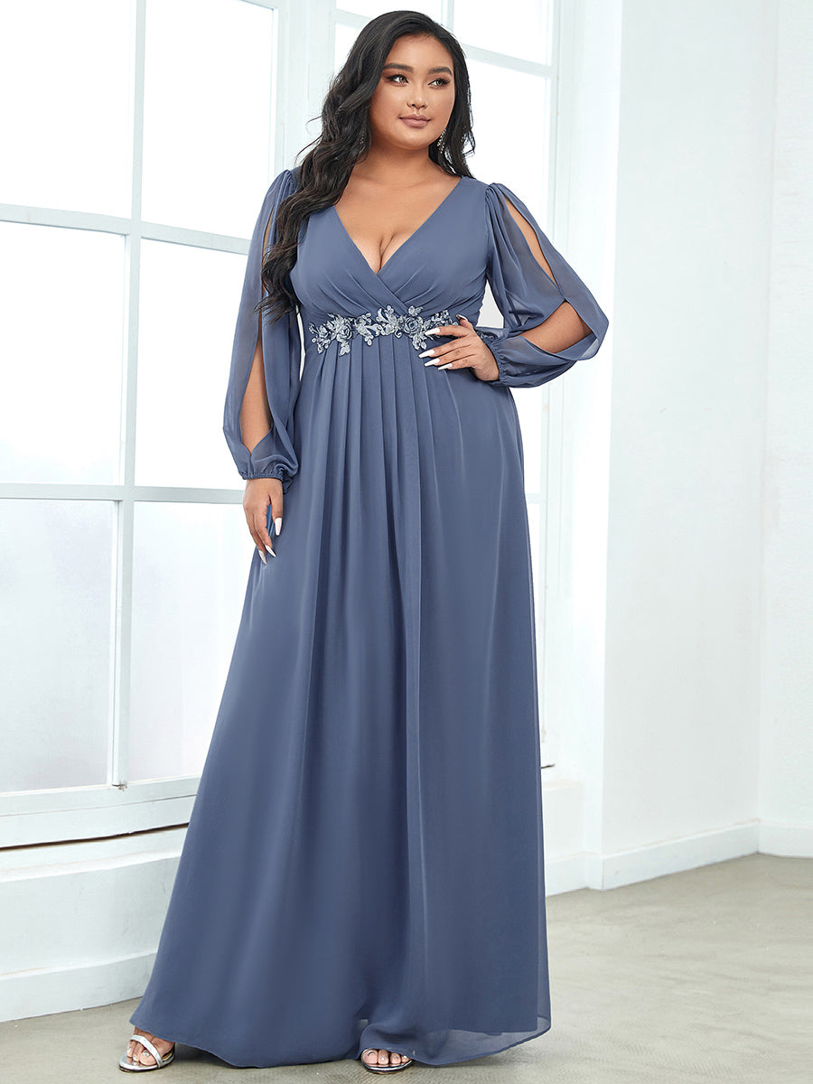 Color=Dusty Blue | One Stop Shop Long Sleeve Lantern Sleeve Deep V-Neck A-Line Floor Length Evening Dresses-Dusty Blue 50