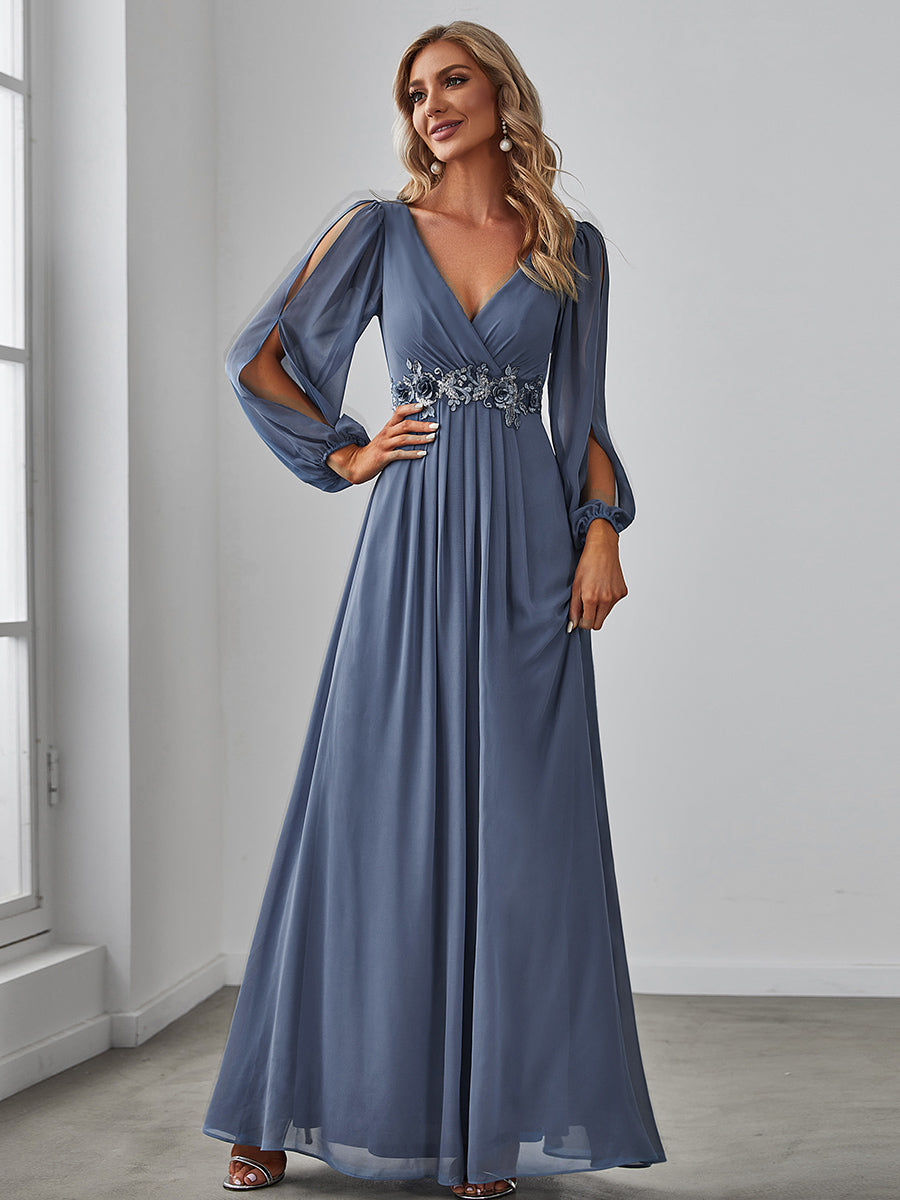 Color=Dusty Blue | One Stop Shop Long Sleeve Lantern Sleeve Deep V-Neck A-Line Floor Length Evening Dresses-Dusty Blue 48