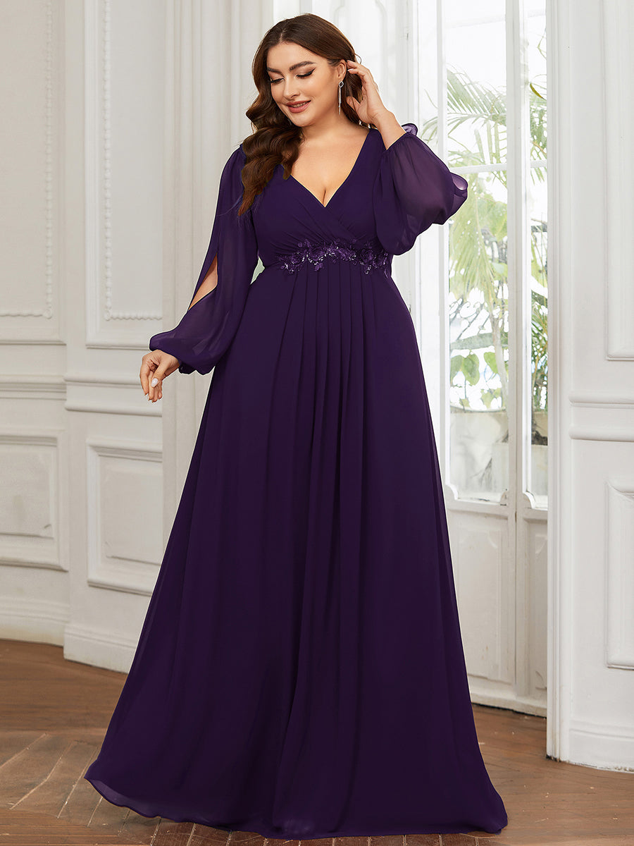 Color=Dark Purple | One Stop Shop Long Sleeve Lantern Sleeve Deep V-Neck A-Line Floor Length Evening Dresses-Dark Purple 6
