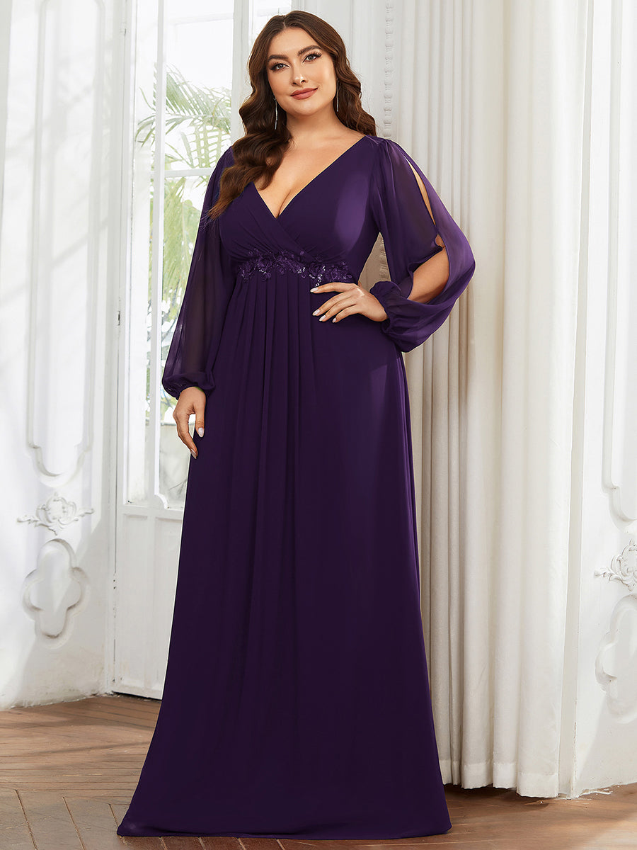 Color=Dark Purple | One Stop Shop Long Sleeve Lantern Sleeve Deep V-Neck A-Line Floor Length Evening Dresses-Dark Purple 9