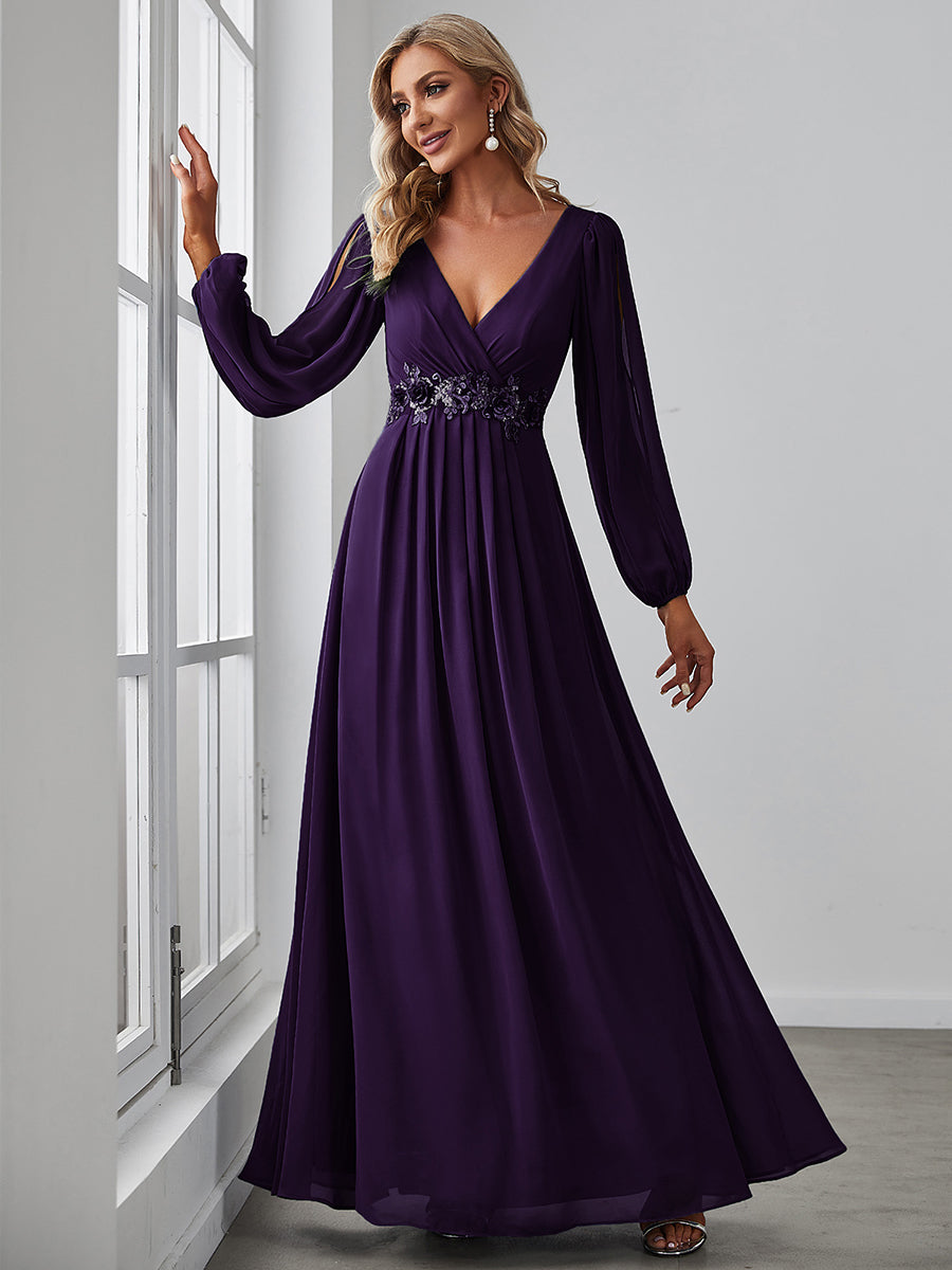Color=Dark Purple | One Stop Shop Long Sleeve Lantern Sleeve Deep V-Neck A-Line Floor Length Evening Dresses-Dark Purple 1