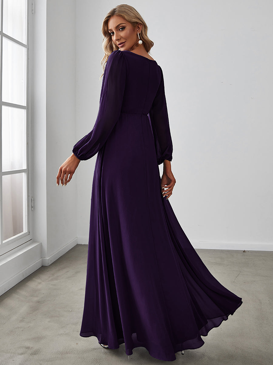Color=Dark Purple | One Stop Shop Long Sleeve Lantern Sleeve Deep V-Neck A-Line Floor Length Evening Dresses-Dark Purple 2